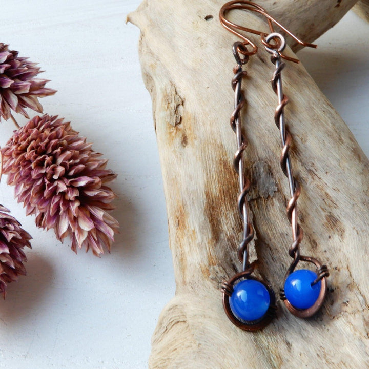 blue agate copper twisted bar earrings