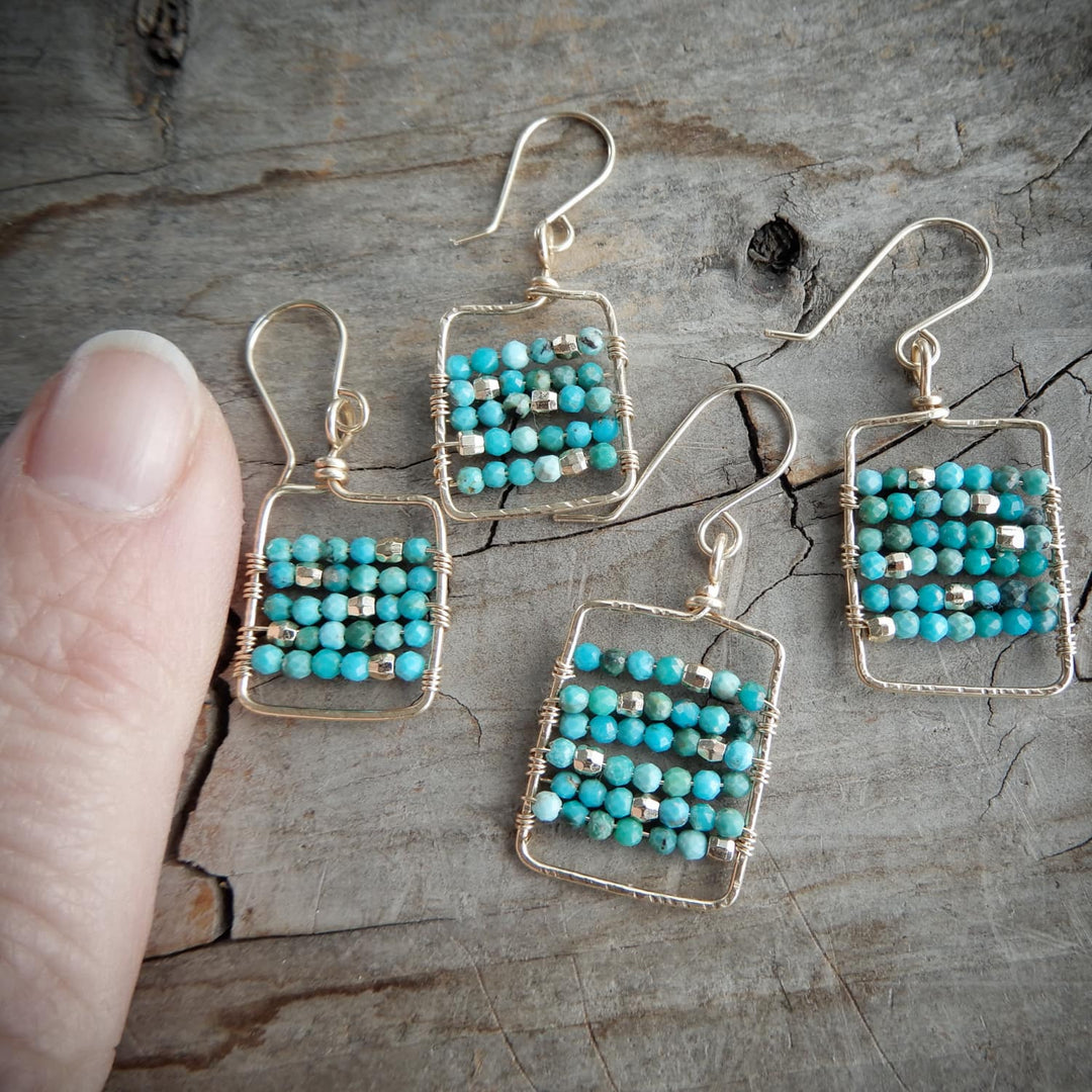 Gold Rectangle and Turquoise Dangle Earrings