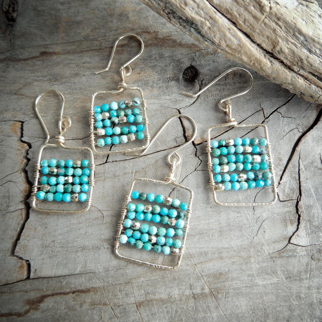 Gold Rectangle and Turquoise Dangle Earrings