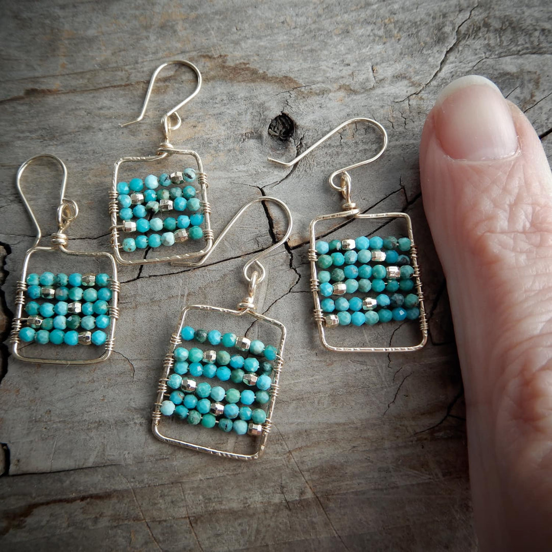 Gold Rectangle and Turquoise Dangle Earrings