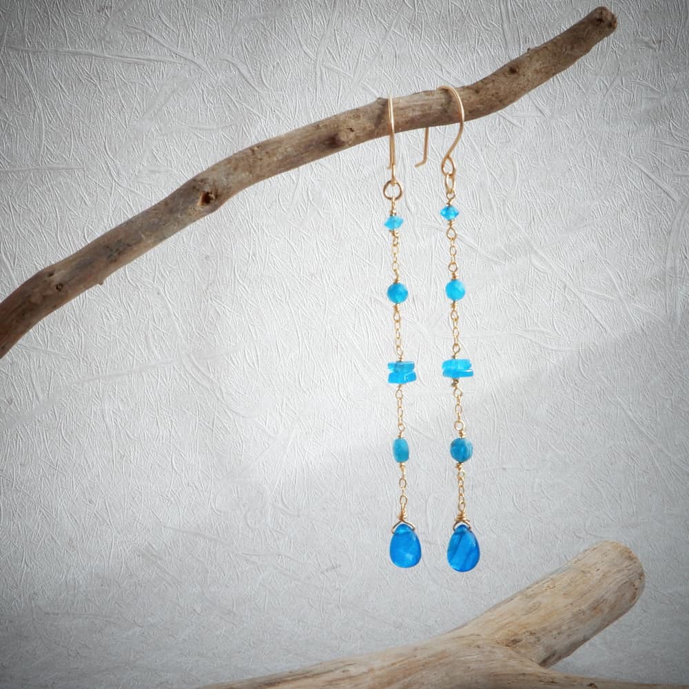 gold and blue apatite long chain dangle earrings