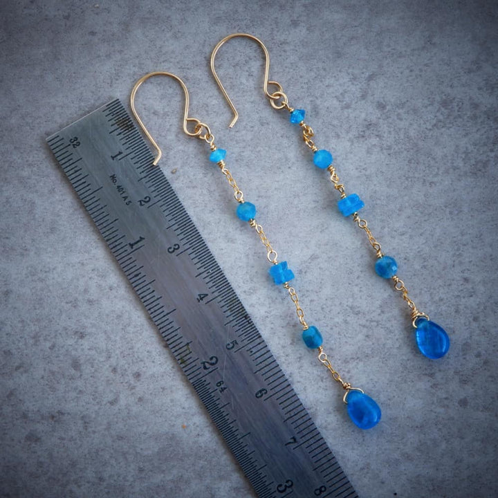 gold and blue apatite long chain dangle earrings