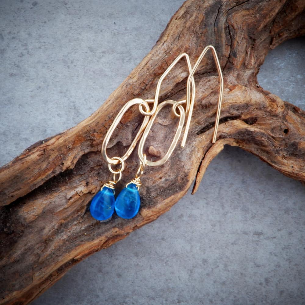 gold and blue apatite paperclip dangle earrings