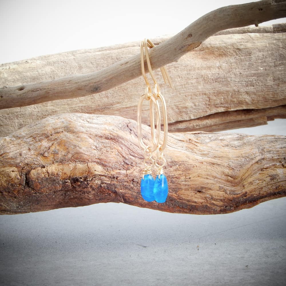 gold and blue apatite paperclip dangle earrings