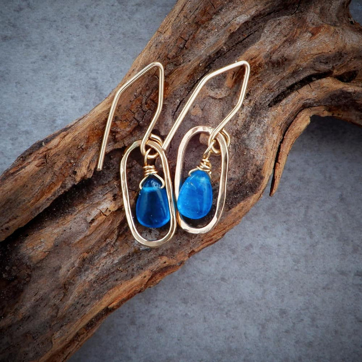 Gold and Blue Apatite Paperclip Dangle Earrings