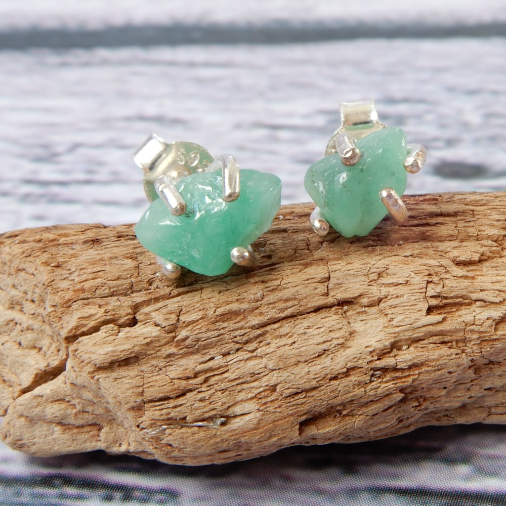 raw emerald and silver stud earrings