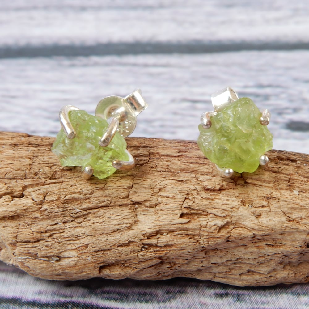 raw peridot and silver stud earrings