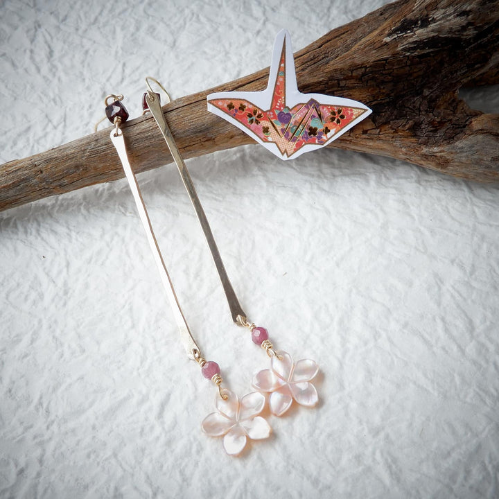 Gold Bar Sakura Cherry Blossom Earrings