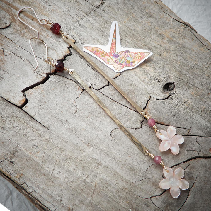 Gold Bar Sakura Cherry Blossom Earrings