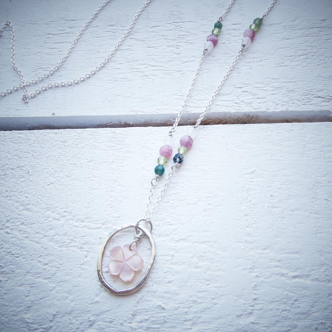 Cherry Blossom Sakura Silver Gemstone Necklace and Earrings