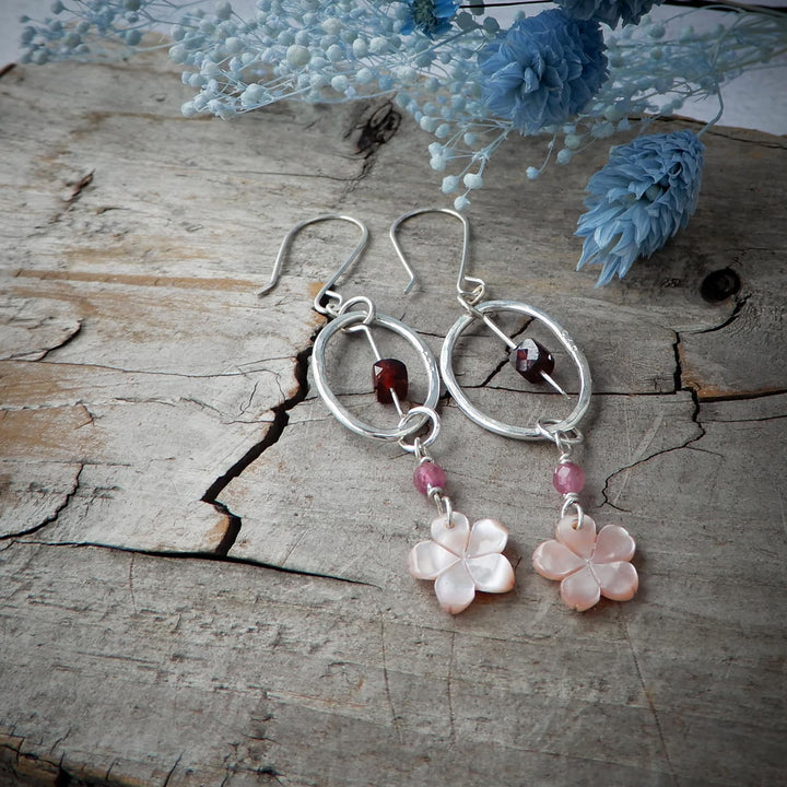 Sakura Cherry Blossom and Garnet Earrings