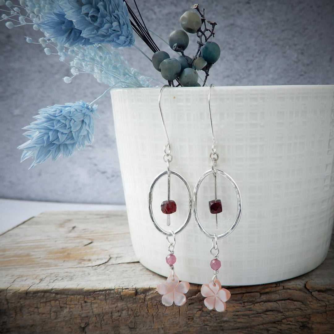 Sakura Cherry Blossom and Garnet Earrings