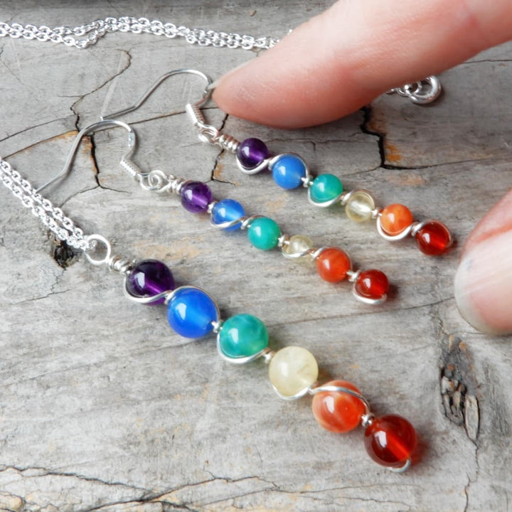 silver necklace in rainbow with matching earrings