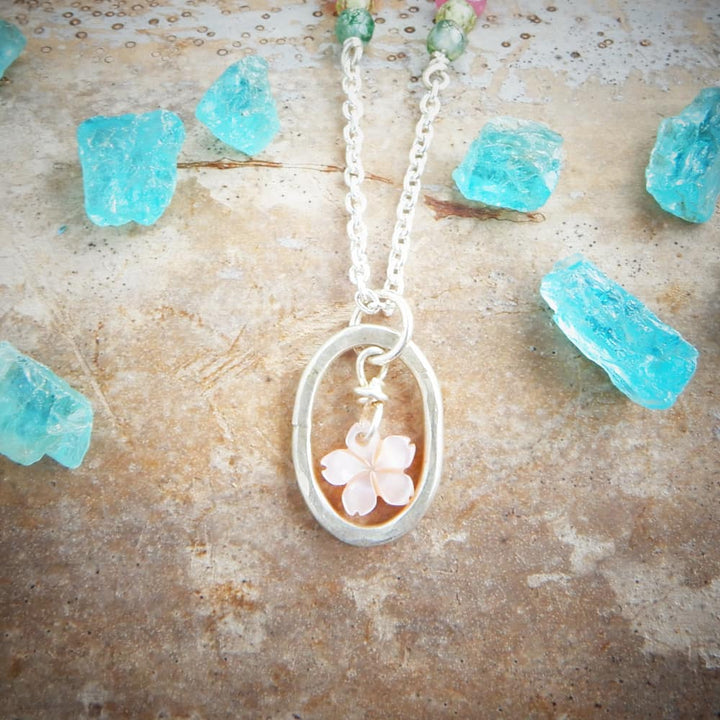 silver and gemstone cherry blossom necklace