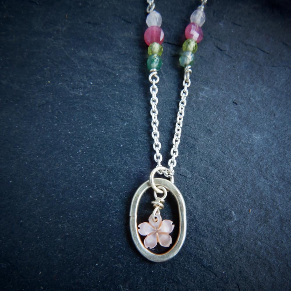 silver and gemstone cherry blossom necklace