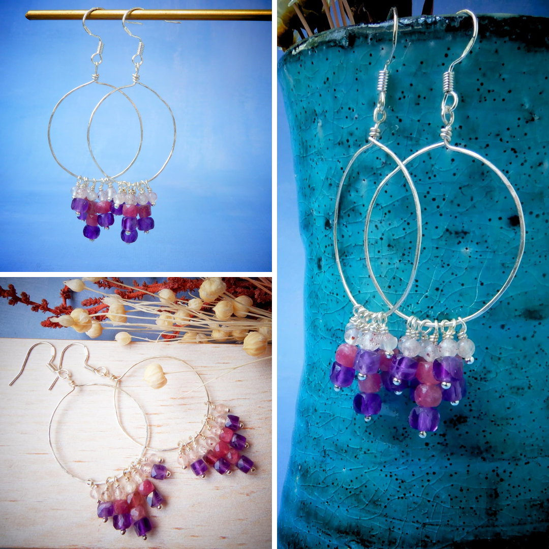 silver hoop cube gemstone dangle earrings purple and pink