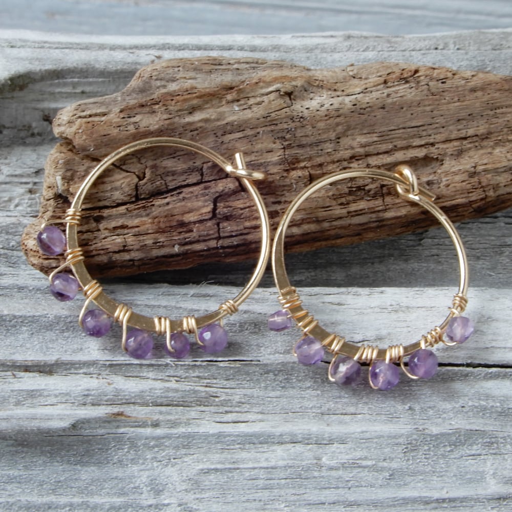 Ready to Ship |  Mini Gold and Amethyst Hoop Earrings