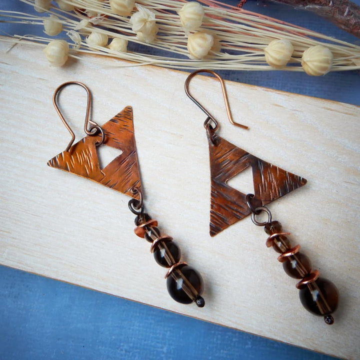 triforce copper asymmetrical dangle earrings