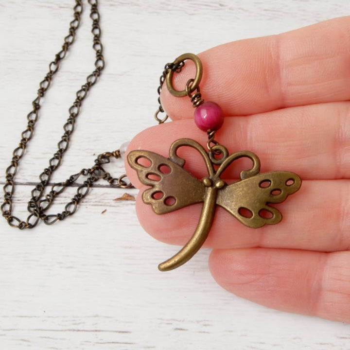 Dragonfly Pendant Necklace with Pink Stones