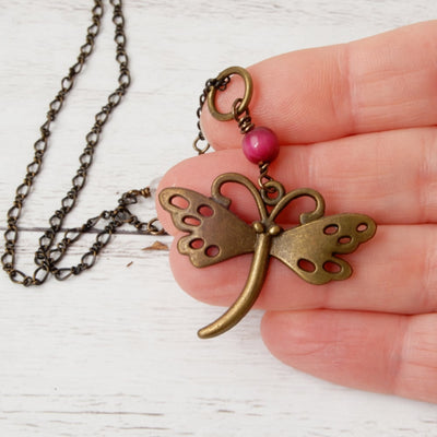 Dragonfly Pendant Necklace with Pink Stones