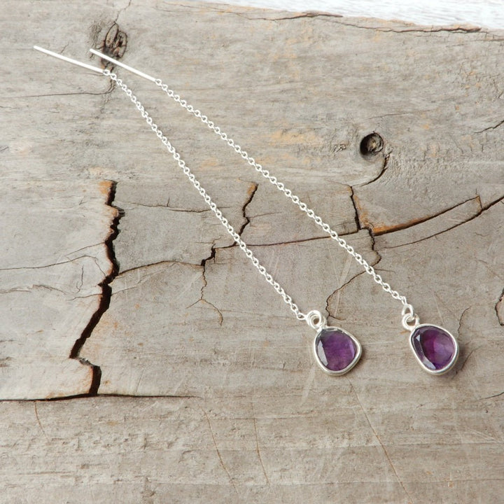 purple amethyst long threader earring