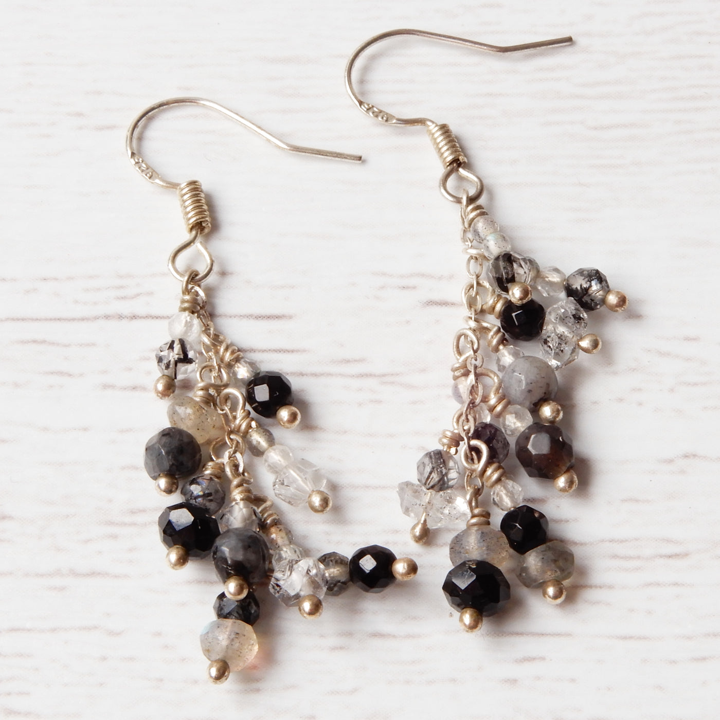 Gray Black Winter Silver Gemstone Chandelier Earrings
