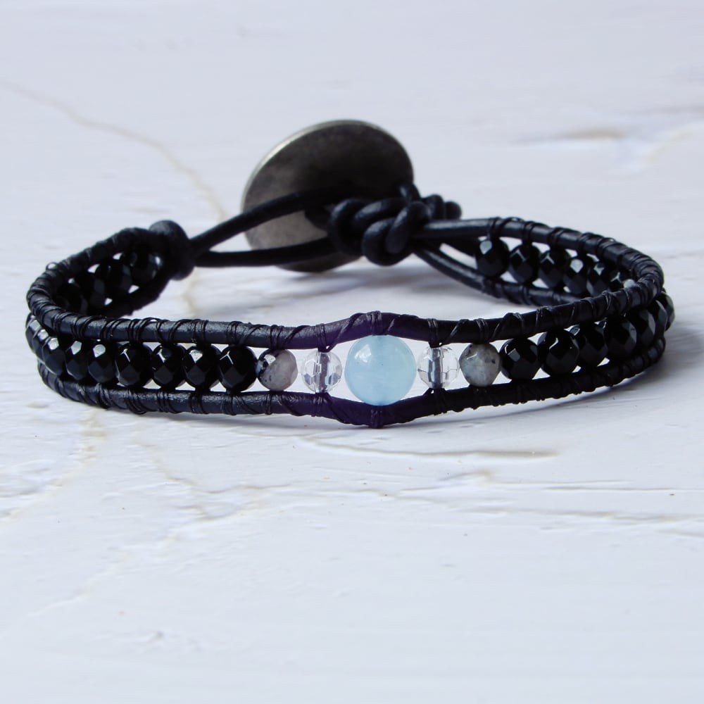 black leather wrap birthstone bracelet for men