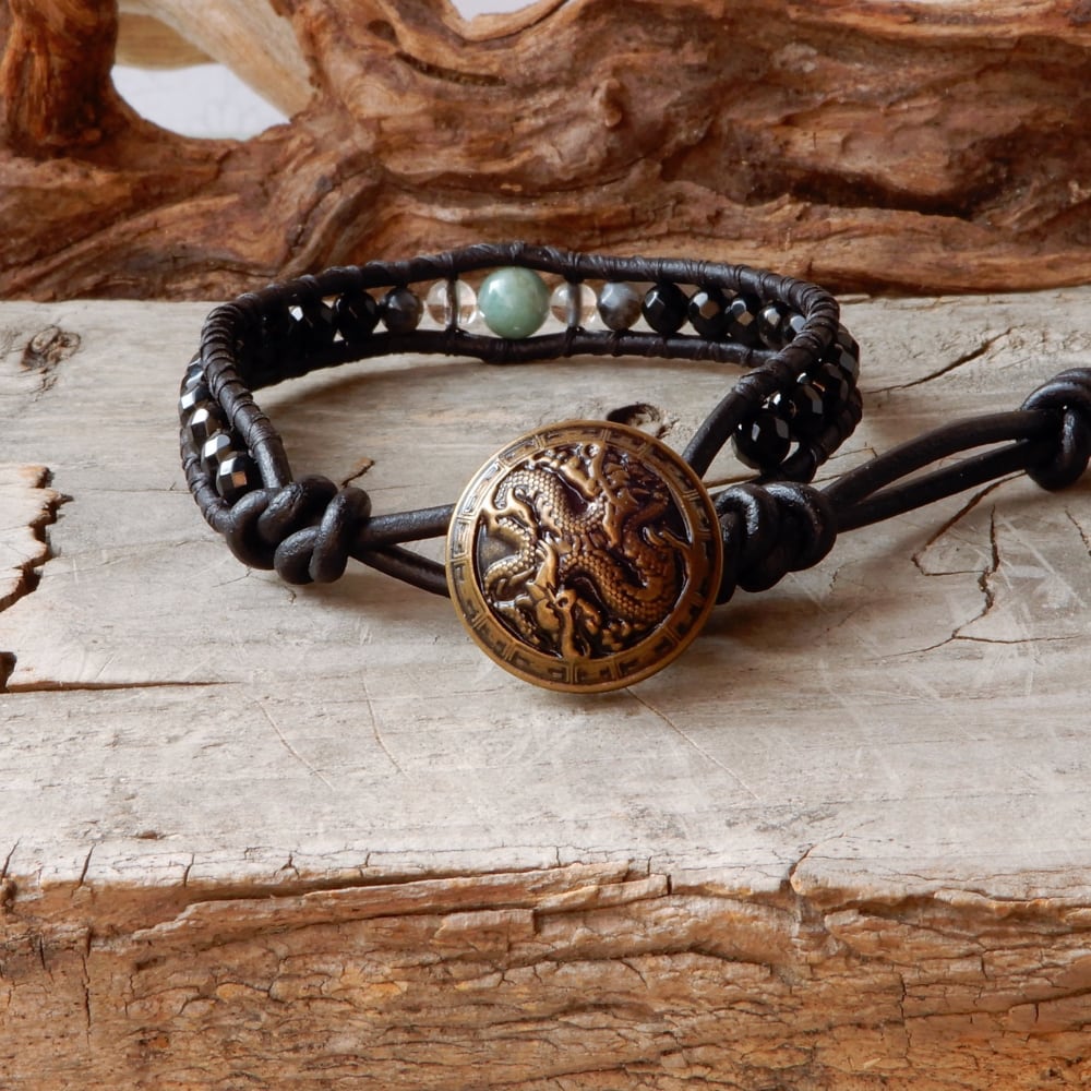 black leather wrap mens bracelet with onyx and emerald