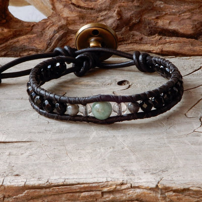 black leather wrap mens bracelet with onyx and emerald