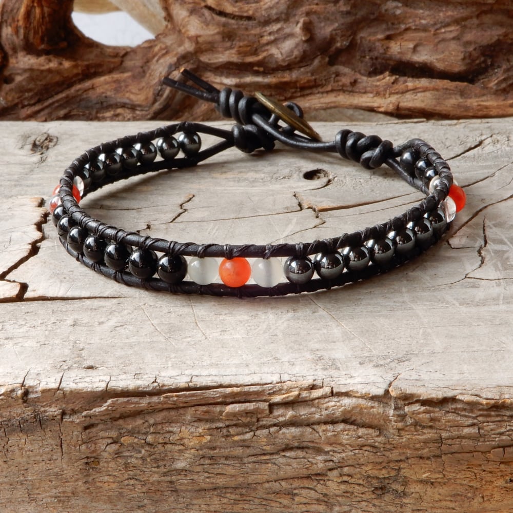 black onyx leather wrap bracelet for men