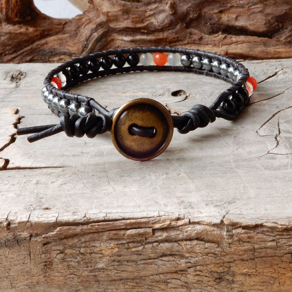 black onyx leather wrap bracelet for men