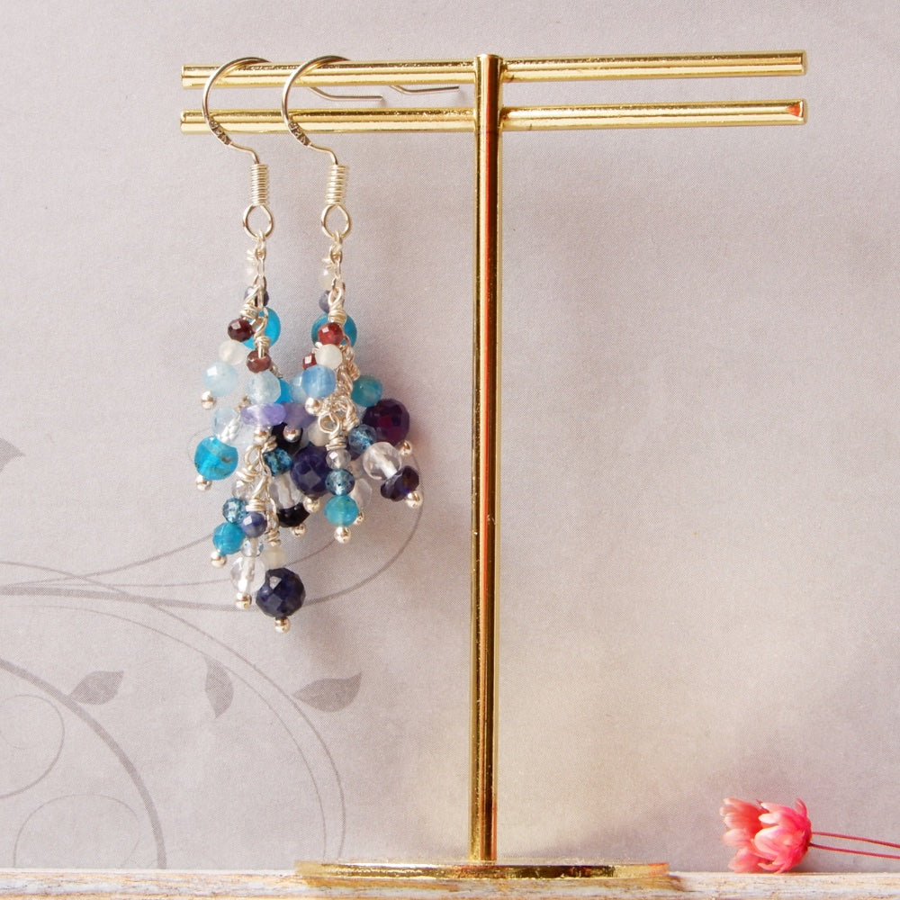 blue gemstone silver chandelier dangle earrings hanging