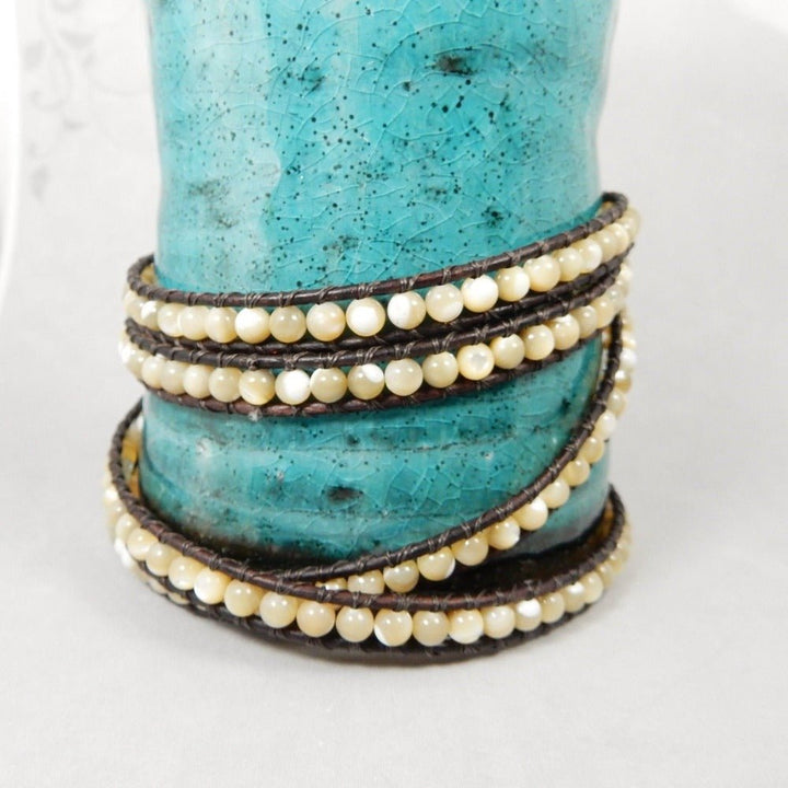 Desert Pearl Leather Wrap Layer Bracelet for Women 