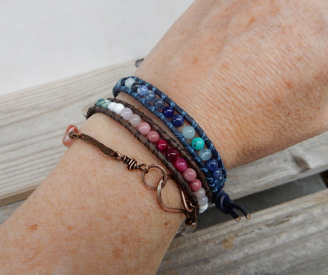 Bracelet - Japanese Sakura Theme Cherry Blossom Leather And Stone Bracelet