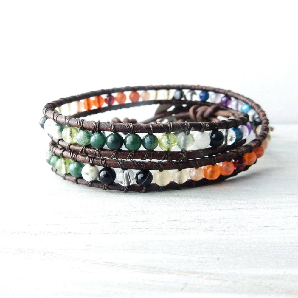 earth bamboo rainbow gemstone leather wrap bracelet