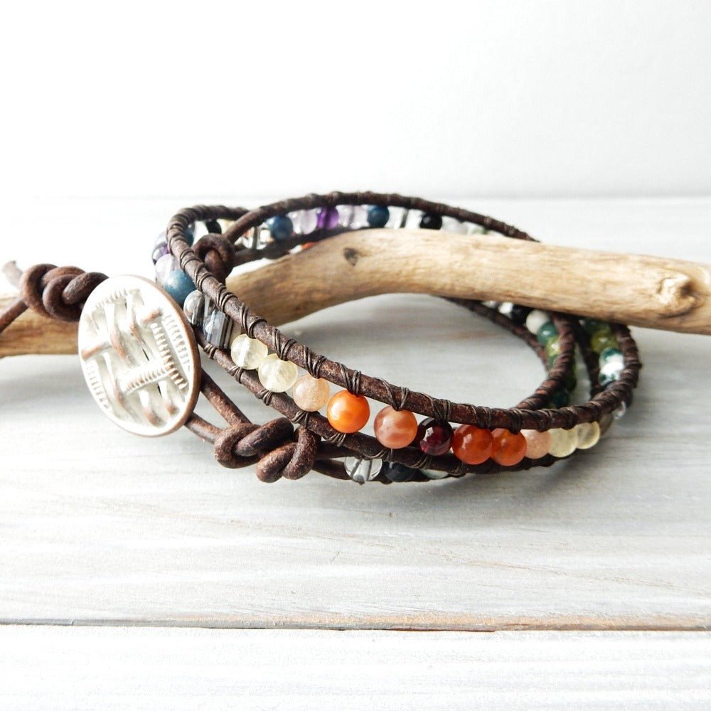 earth bamboo rainbow gemstone leather wrap bracelet
