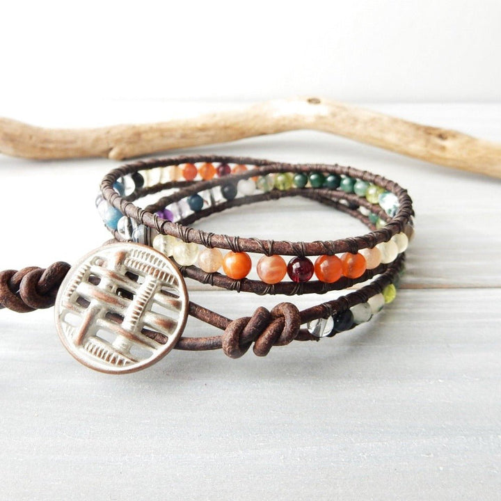 earth bamboo rainbow gemstone leather wrap bracelet
