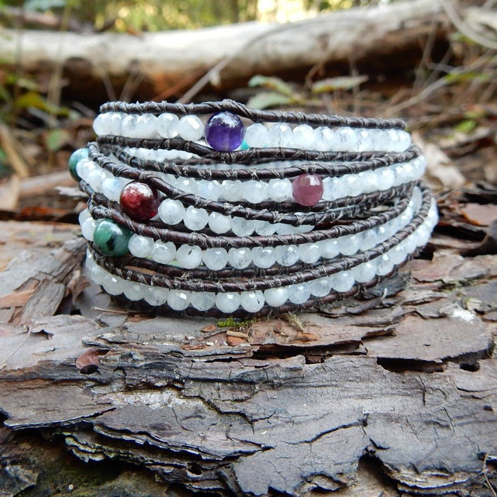 natural moonstone and birthstone leather wrap bracelet