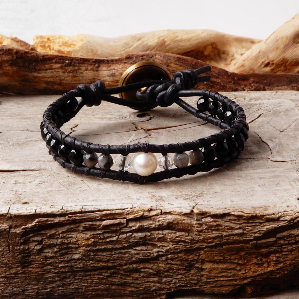 Bracelet - Men's Black Birthstone Leather Wrap Bracelet | NIGHT PATH