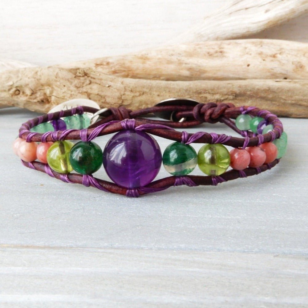 Bracelet - Sobriety Celebration Bracelet, Leather Wrap Gemstone Bracelet, Purple And Green Stone Jewelry