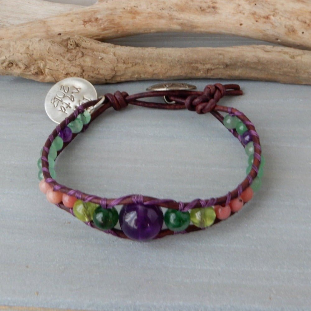 Bracelet - Sobriety Celebration Bracelet, Leather Wrap Gemstone Bracelet, Purple And Green Stone Jewelry
