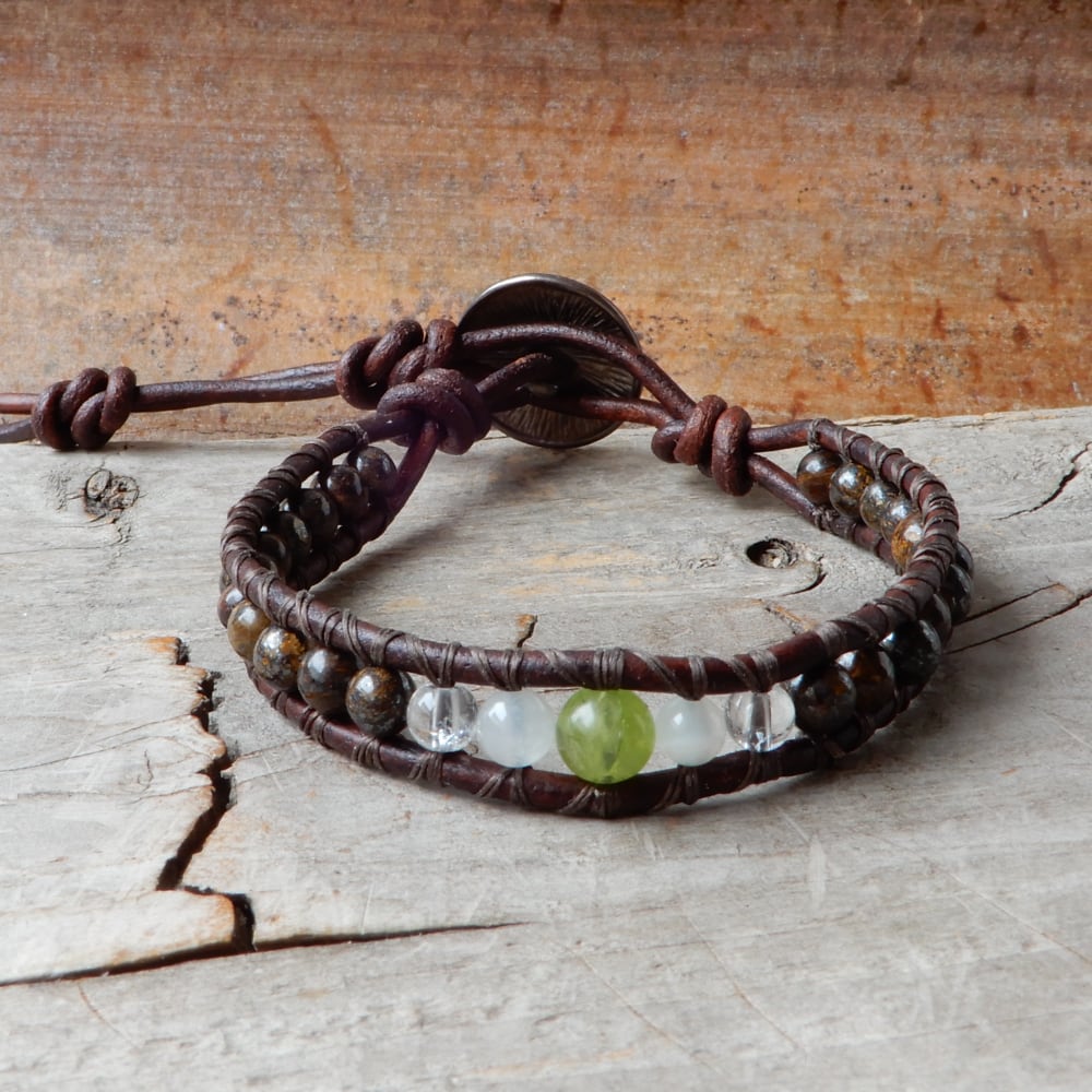 brown leather wrap bracelet with peridot and moonstone