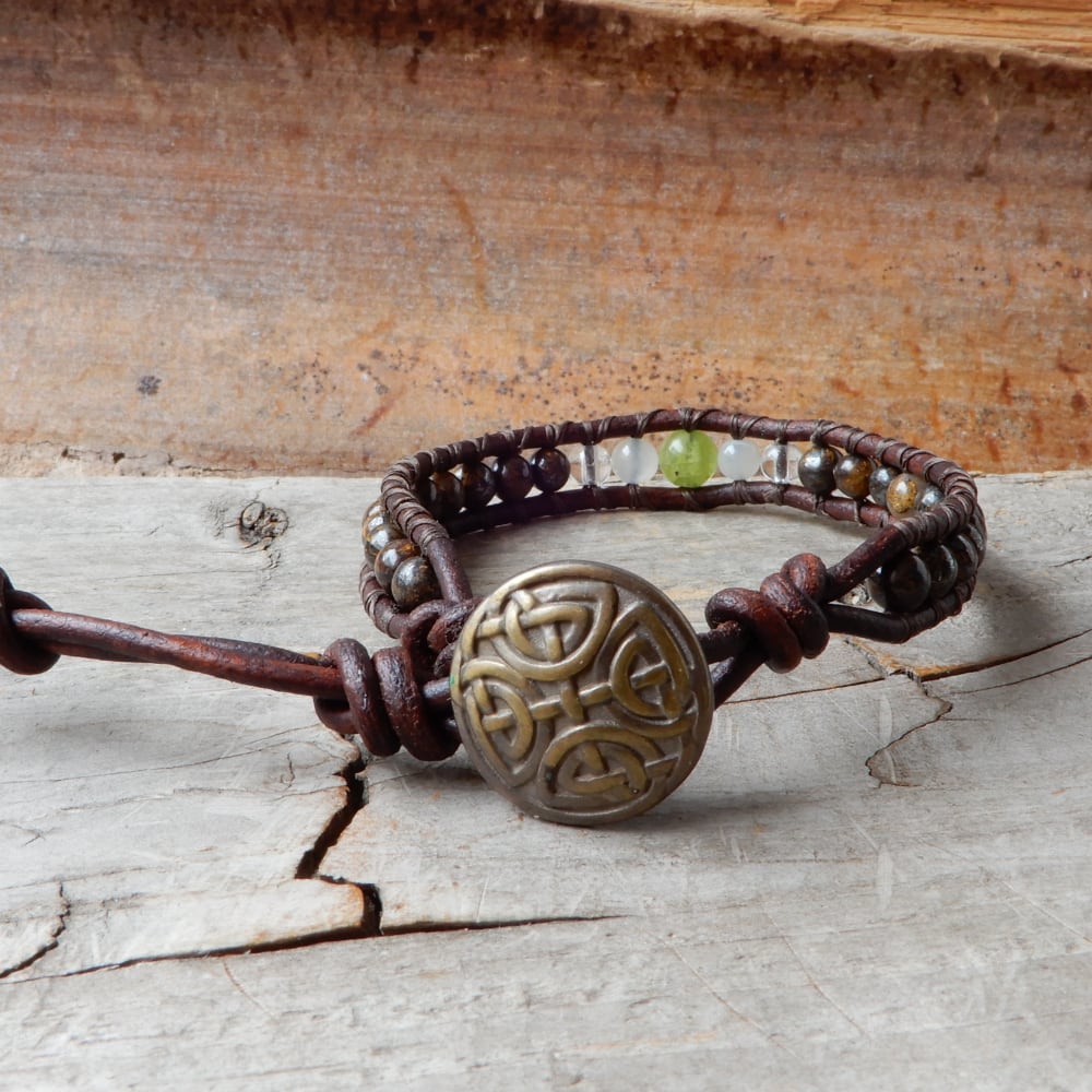 brown leather wrap bracelet with peridot and moonstone