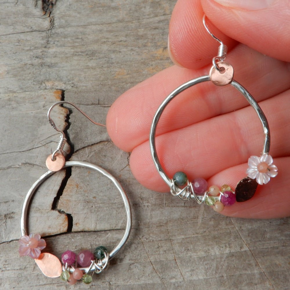 natural stone silver hoop flower earrings