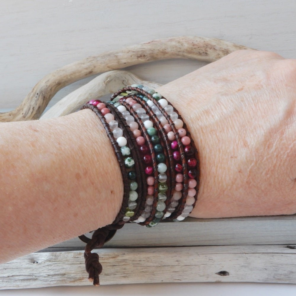 cherry blossom leather wrap stone bracelet