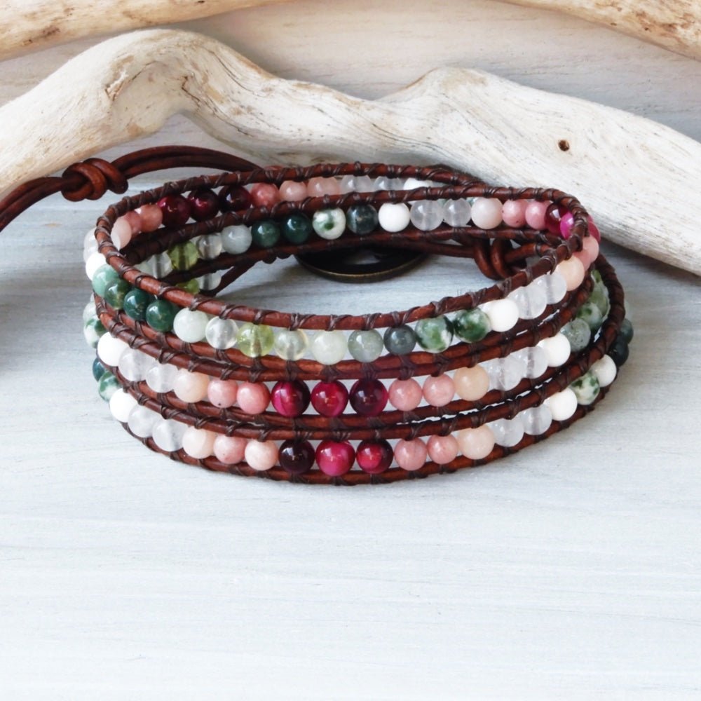 cherry blossom leather wrap stone bracelet