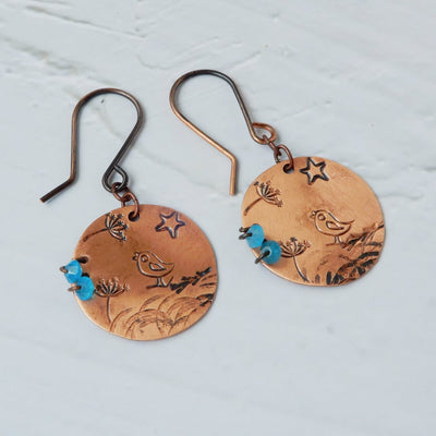 Hand-Stamped Bird Copper Disc Dangle Earrings