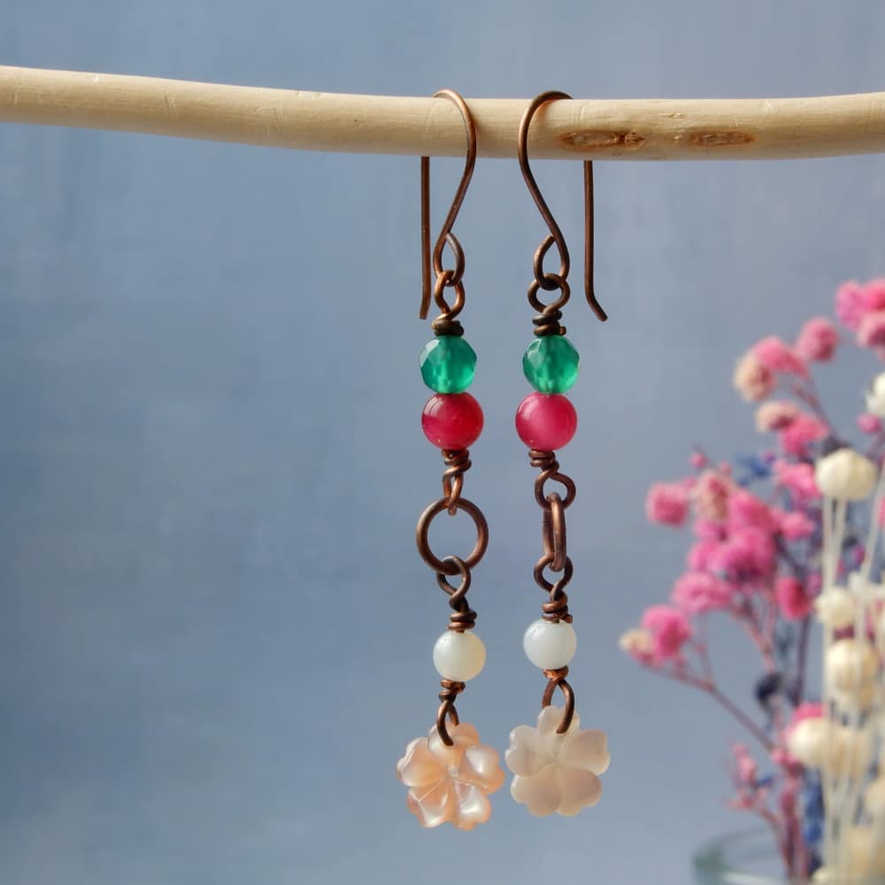 copper gemstone sakura flower dangle earrings