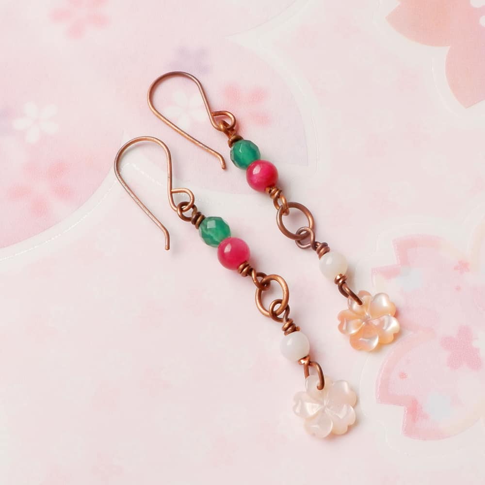 copper gemstone sakura flower dangle earrings
