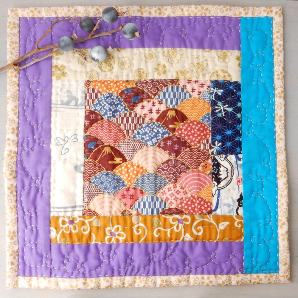 Hand Stitched Mug Rug with Japanese Fans Cotton Prints